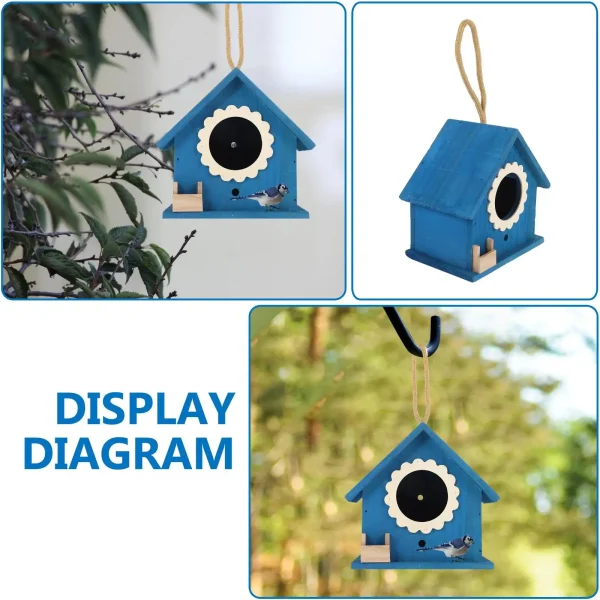 Blue Mini Bird House Wooden Nest Decor Creative Feeder Hanging Cage With Rope Sturdy Birds Home Garden Pet Products
