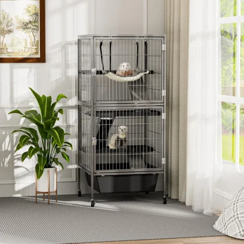 Metal Ferret Cage with 6" Deep Bottom Tray, 4 Tier Small Animal Cage with 2 Big Doors, Rolling Chinchilla Cage for Sugar Glider