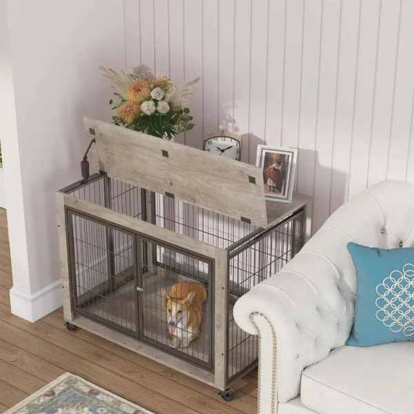 Wooden Dog Crate Furniture, 38.5" Dog Kennel with 3 Doors, Flip-up Top Opening and Wheels, Decorative Pet Crate Dog House
