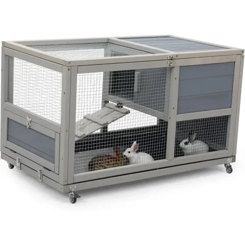 Fashionable Wood 36In Rabbit Hutch Indoor on Wheels Bunny Cage Outdoor Rabbit Cage with Clean Tray, Openable Roof