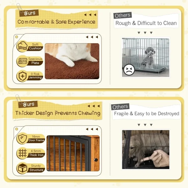 Dogs Crate Furniture with Thick Cushion, Side End Table Wooden Dogs Cage with Double Doors, Chew-Resistant Dogs Kennel Dog House