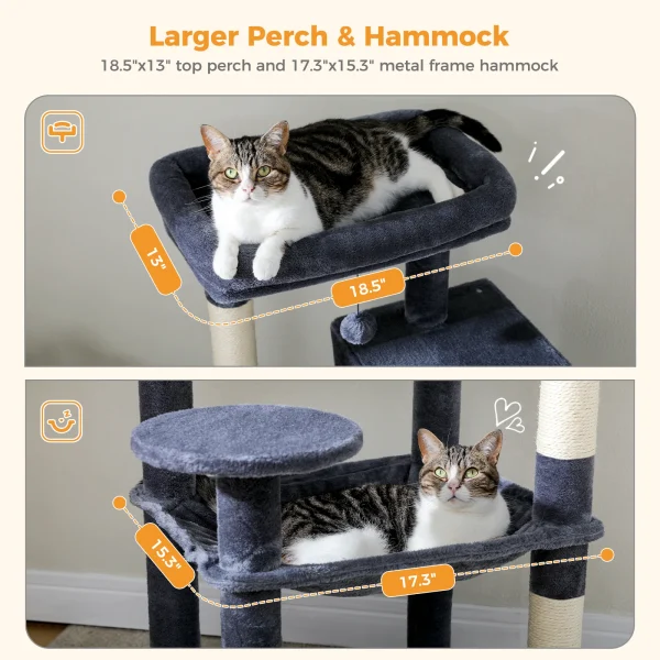 Cat Tree for Indoor Cats Multi-Level Cat Tower with Super Large Hammock Sisal Covered Scratching Posts, Cozy Condo and Top Perch