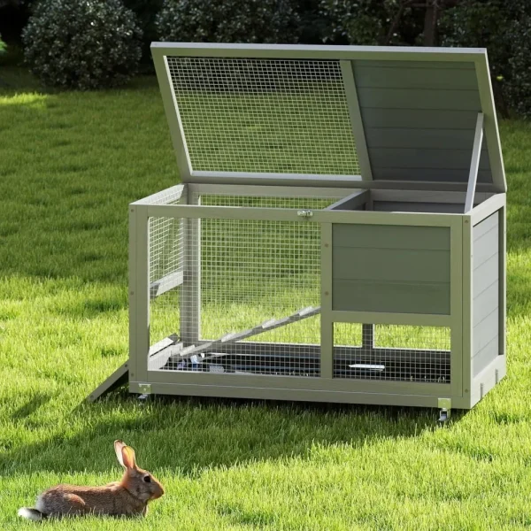 Fashionable Wood 36In Rabbit Hutch Indoor on Wheels Bunny Cage Outdoor Rabbit Cage with Clean Tray, Openable Roof
