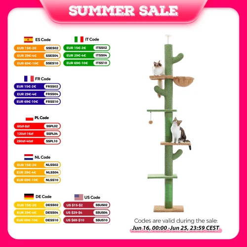 Cat Tree 5-Tier Floor to Ceiling Cat Tower Cactus Tall Climbing Tree with Scratching Post Hammock Dangling Ball for Indoor Cats
