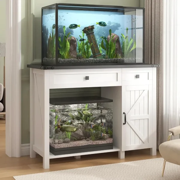 40 Gallon Aquarium Stand With Charging Station, Farmhouse Fish Tank Stand, Reptile Tank Stand Terrarium Stand with Drawer and Ca