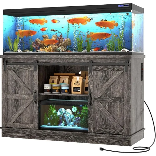 Farmhouse 55-75 Gallon Fish Tank Stand with Power Outlet, Aquarium Stand with Cabinet&Sliding Barn Door, Heavy Duty Reptile