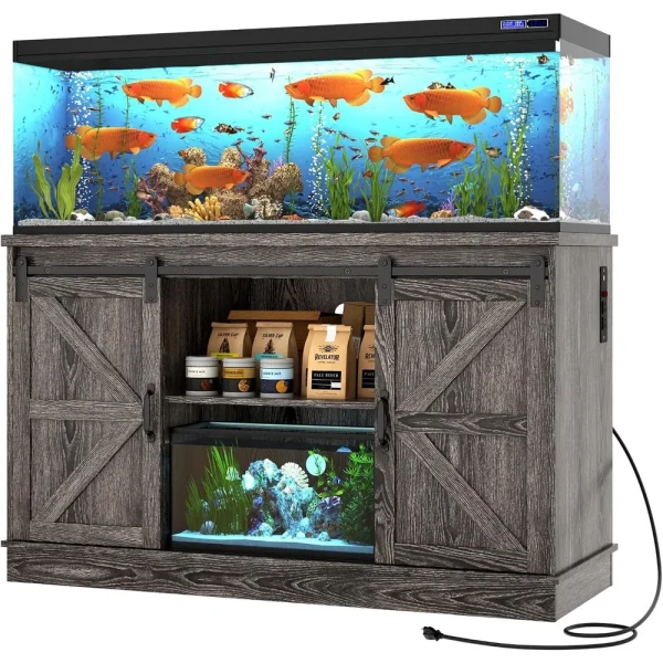 Farmhouse 55-75 Gallon Fish Tank Stand with Power Outlet, Aquarium Stand with Cabinet&Sliding Barn Door, Heavy Duty Reptile
