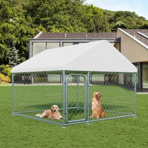 Outdoor Large Dog Kennel 6.6 x 6.6 FT, Heavy Duty Dog Enclosure with UV & Rain-Proof Fully Covered Roof, Double Security Locks