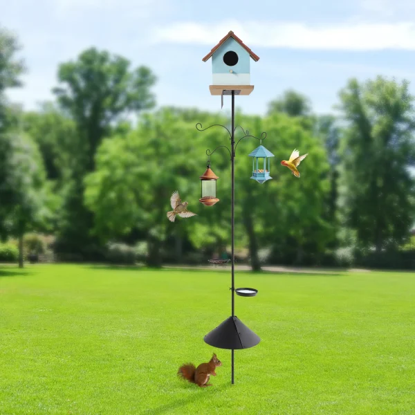 Metal and Iron Outdoor Bird Feeder Tray with Hooks Adjustable Bird Feeding Pole with Squirrel Proof Baffle