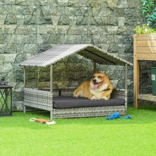 Wicker Dog House Outdoor with Canopy, Rattan Dog Bed with Water-Resistant Cushion, Raised Dog Bed for Small, Medium Dogs