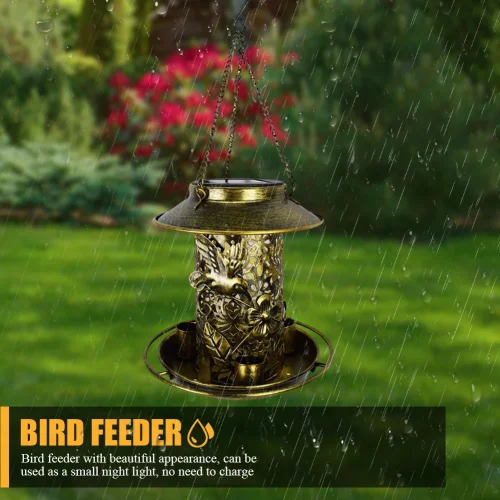Solar Bronze Metal Tray Bird Feeder LED Lamp Hanging Metal Solar Energy Bird Feeders IP55 Waterproof Outside/Garden Decoration
