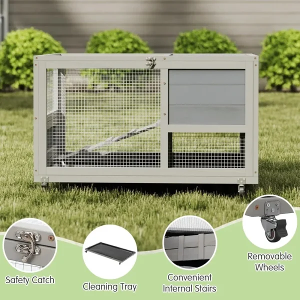 Fashionable Wood 36In Rabbit Hutch Indoor on Wheels Bunny Cage Outdoor Rabbit Cage with Clean Tray, Openable Roof