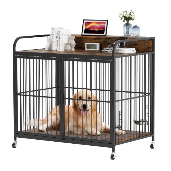 Dog Crate with Shelf/Wheels/ 2 Feeder Bowls Large Dog House Dog Kennel Pet Crate Dog Cage Indoor End Table for Dogs