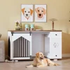 47 Inch Large Dog Crate Furniture with 2 Bowls, Wooden Kennel with Drawer and Barn Doors Decorative Pet House for Home
