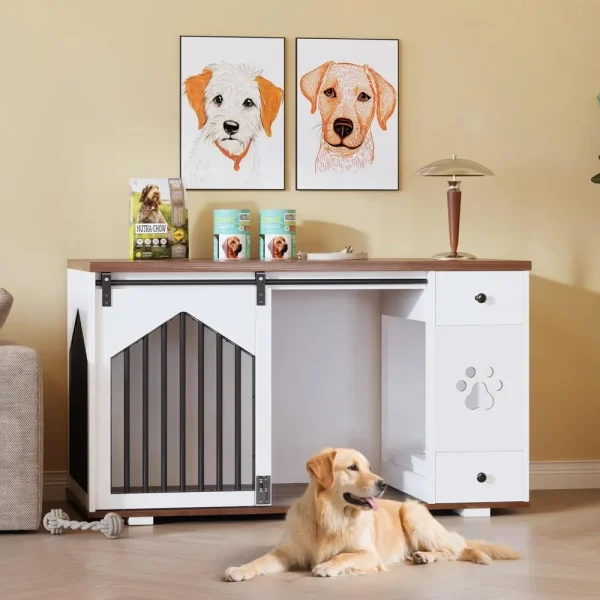47 Inch Large Dog Crate Furniture with 2 Bowls, Wooden Kennel with Drawer and Barn Doors Decorative Pet House for Home