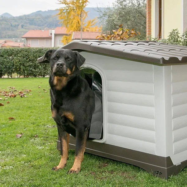 Durable Outdoor Dog House with Fold-Out Porch Waterproof Anti-Shock Plastic Healthy Ventilation Easy Assembly Large Size