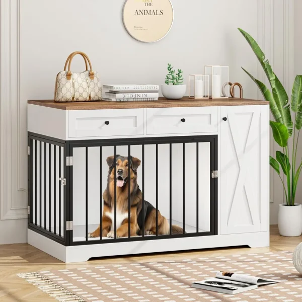 Dog Crate Furniture Kennel with Double Doors Wooden Pet House with 2 Drawers and Storage Cabinet, Indoor Dog Cage Farmhouse Mode