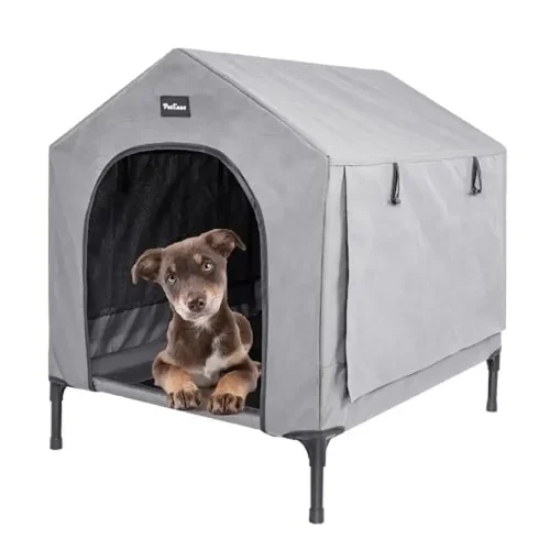 Elevated 2-in-1 Dog Bed Shelter with Removable Cover Raised Cot Small Dogs & Cats Indoor Outdoor Pet House Grey Canopy Roof