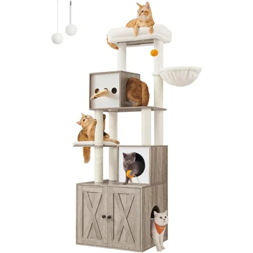 LUCK Feandrea Cat Tree With Litter Box Enclosure, 2-in-1 Modern Cat Tower, 70.8-Inch Tall Cat Condo With Scratching Posts, Per