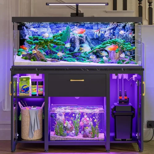 55-75 Gallon Fish Tank Stand with Power Outlet & LED Light, 49.2"x19.2" Heavy-Duty Aquarium Stand with Storage, Dual Glass Cabi