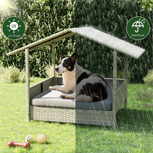 Waleaf Wicker Dog Bed House for Small/Medium/Large Dogs, Outdoor Indoor Rattan Pet Home, Elevated Shelter Dog Bed with Cushion