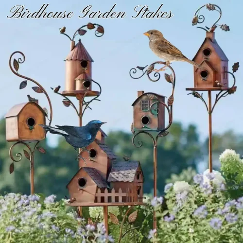 Birdhouse Garden Stakes Outdoor Decor Metal Bird House Art Crafts Bird Feeders Miniatures for Outdoor Garden Decorations