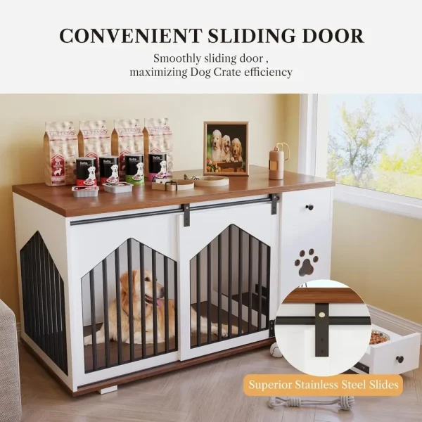 47 Inch Large Dog Crate Furniture with 2 Bowls, Wooden Kennel with Drawer and Barn Doors Decorative Pet House for Home