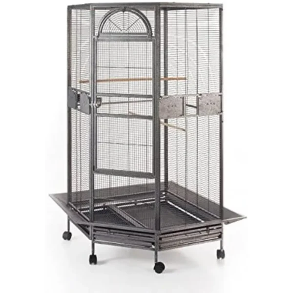 Corner Bird Cage for Cockatiel & Parakeet – Large Black and White Aviary | Durable Metal Cage with Multiple Perches