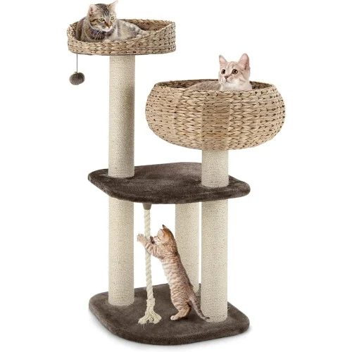 Modern Cat Tree for Indoor Cats, Small/Tall Cat Tower with Natural Sisal Scratching Post, Hand-Made Wicker Cat Condo & Top Perch