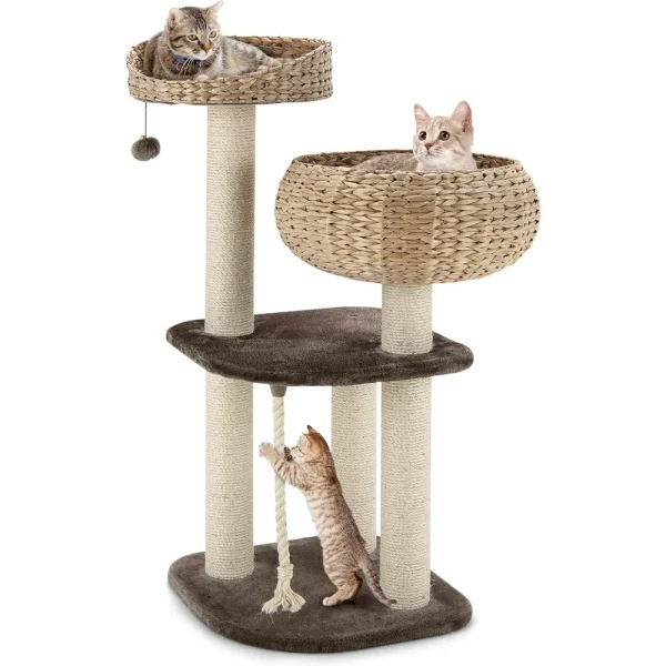 Modern Cat Tree for Indoor Cats, Small/Tall Cat Tower with Natural Sisal Scratching Post, Hand-Made Wicker Cat Condo & Top Perch