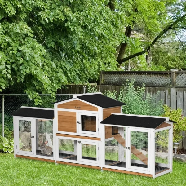 90.5" Wooden Bird Hutch Bunny Cage Pet Playpen House Enclosure with Double Side Run Boxes, No Leak Tray, Ramp,