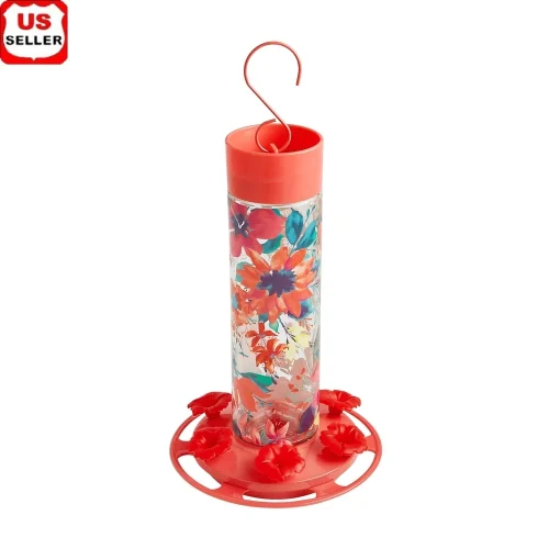 Fresh Floral Decorative Glass Hummingbird Feeder with Ant Moat Perching Ring and Leak Free Flower Ports Bird Watching